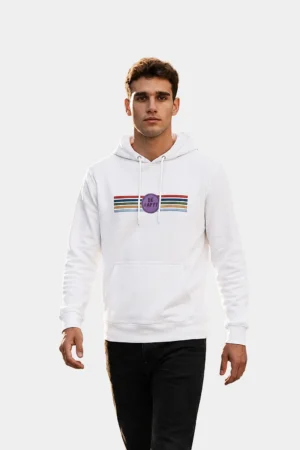 White custom embroidered unisex hoodie with multicolour design
