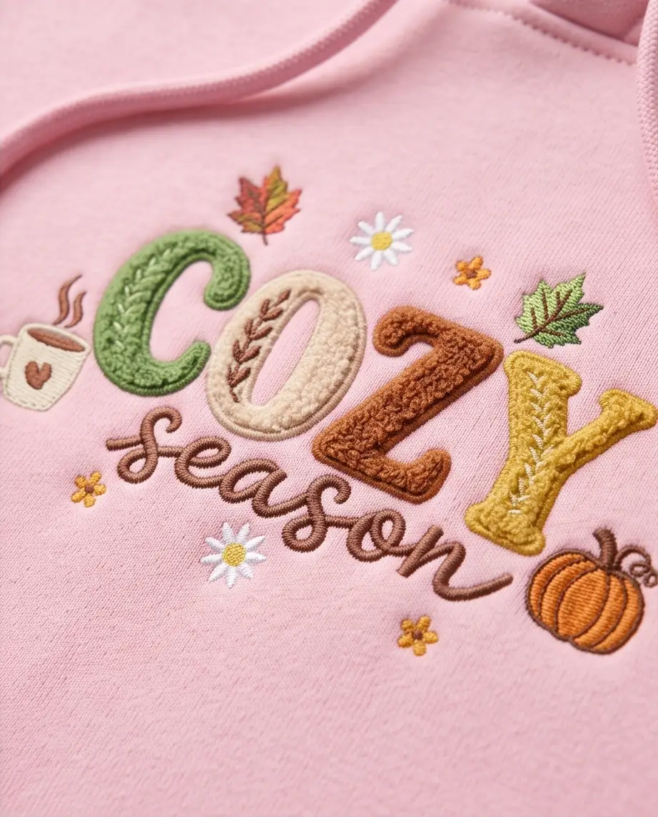 Close-up of “COZY season” chenille-style embroidery with a coffee mug, pumpkin, leaves and daisies on pink hoodie fabric