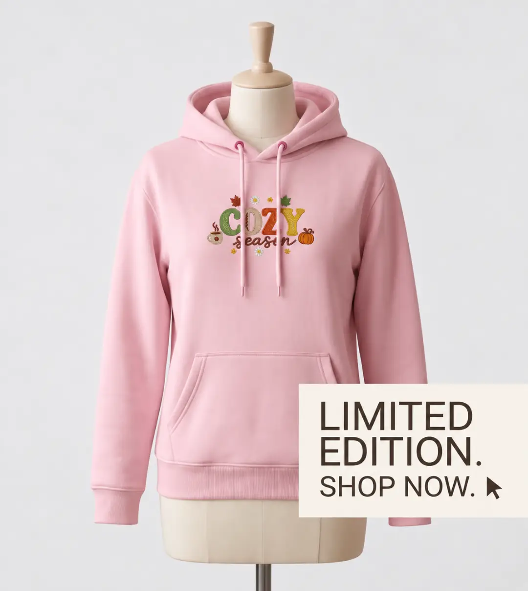 Pink custom embroidered hoodie on a mannequin with “COZY season” autumn embroidery and a “Limited Edition. Shop Now.” banner