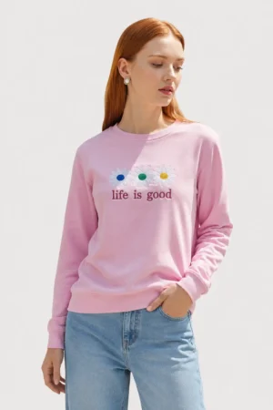 Pink embroidered unisex sweatshirt with daisy design and "life is good" text