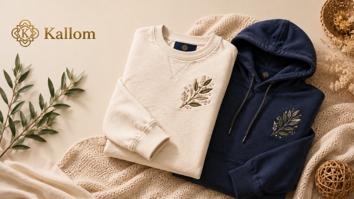 Embroidery Makes Either Choice Even Better Kallom embroidered unisex sweatshirt and hoodie with matching botanical leaf design