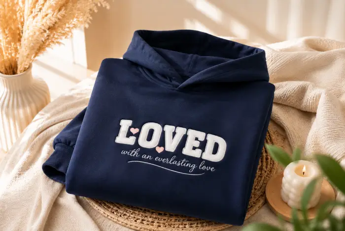 Navy hoodie with embroidered 'Loved' quote design