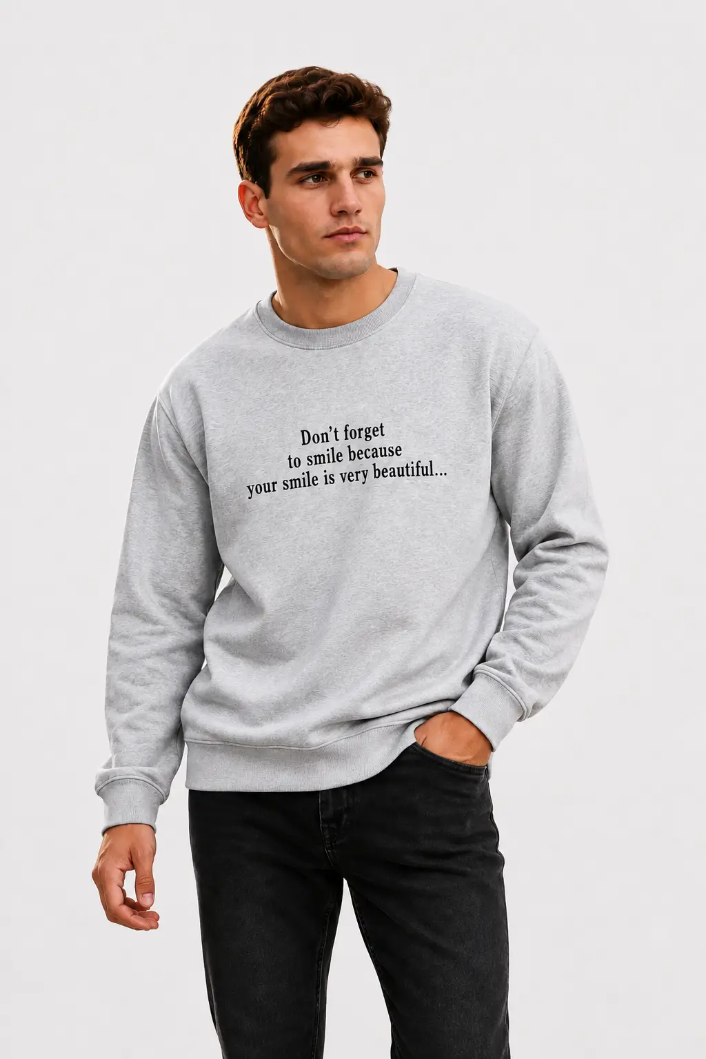 Light grey custom embroidered sweatshirt with text quote design