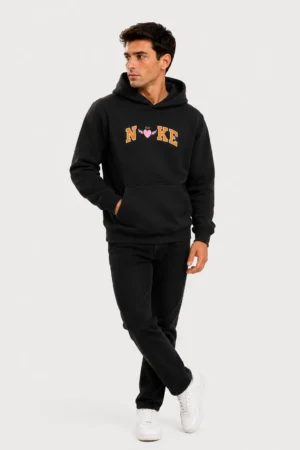 Black embroidered unisex hoodie with multicolour graphic text design
