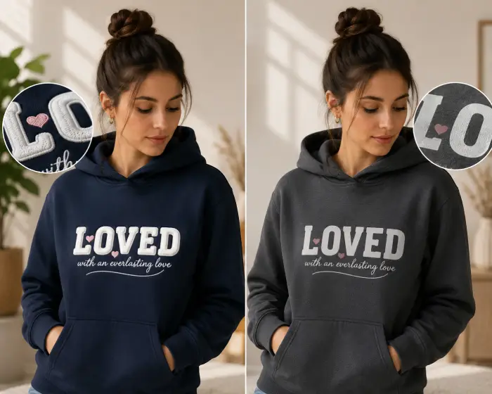 Woman wearing custom embroidered 'Loved' hoodie in navy and grey colors, showing close-up embroidery detail