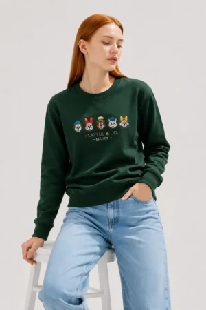 Green custom embroidered unisex sweatshirt with cartoon character design