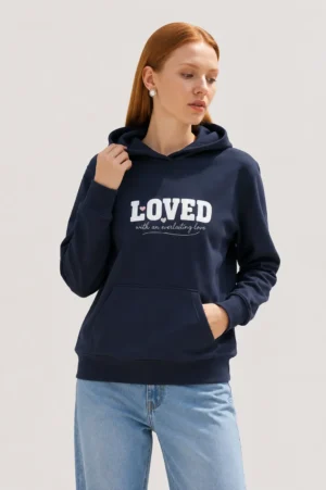 Navy embroidered unisex hoodie with "Loved with an everlasting love" design