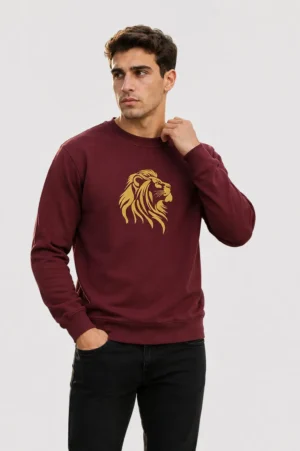 Burgundy embroidered unisex sweatshirt with lion embroidery design