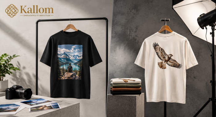 Printed vs embroidered photo t-shirt comparison showing texture and finish difference