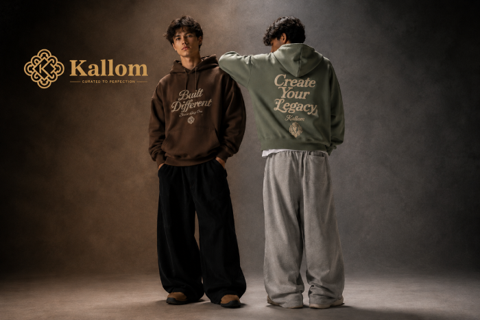 Two men styling custom hooded sweatshirts with printed quotes