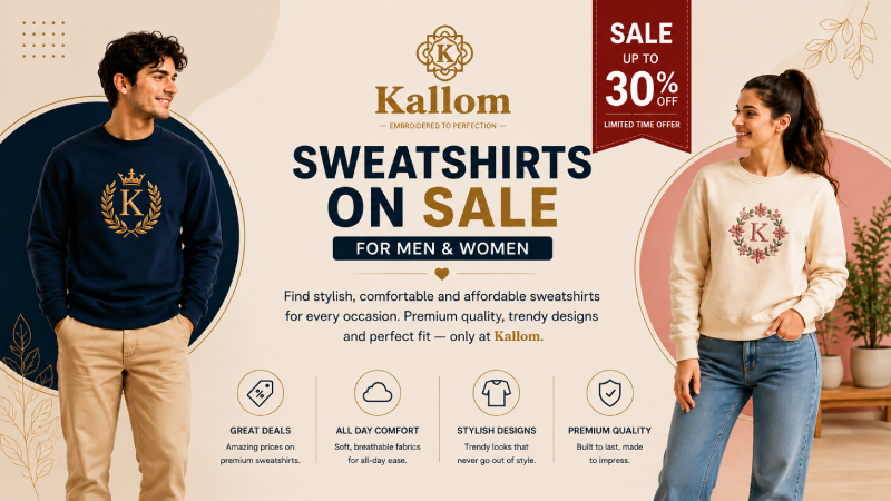 Sweatshirts on sale for men at Kallom — relaxed fit, custom embroidered