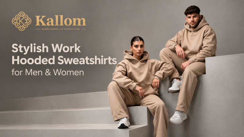 Man and woman styling matching beige work hooded sweatshirts and sweatpants