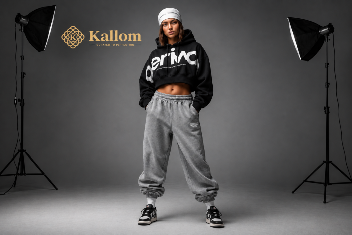 Woman styling a custom printed hooded sweatshirt with oversized sweatpants