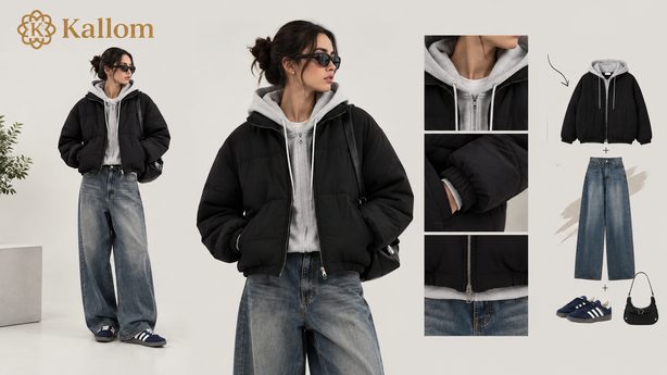 Woman layering a denim jacket over a zip-up hoodie for a casual outfit