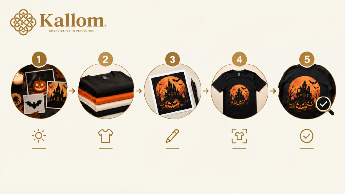 Five steps to design a custom Halloween T Shirt Design: mood, colour, design, placement and check