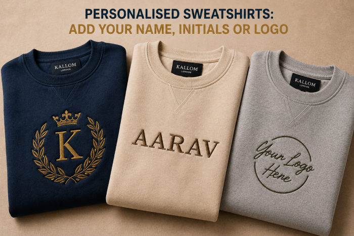Close-up of custom embroidered name and logo on a Kallom sweatshirt