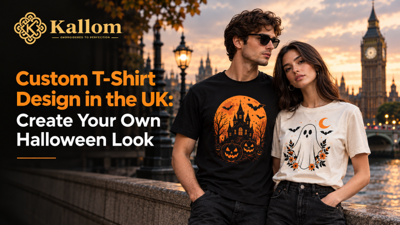 Custom Halloween T Shirt Design with an embroidered spooky motif on a black tee