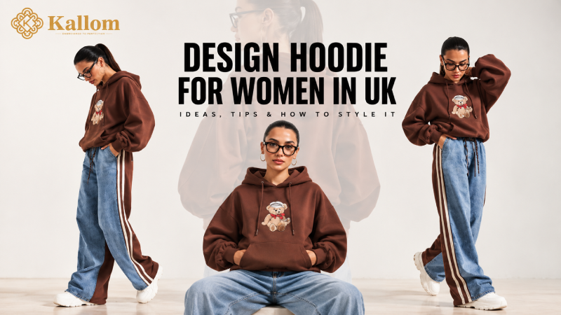 Design hoodie for women in UK, oversized brown hoodie styled with wide-leg jeans