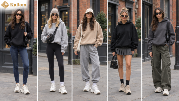 Styling a women's design hoodie with jeans, joggers and a skirt for different looks
