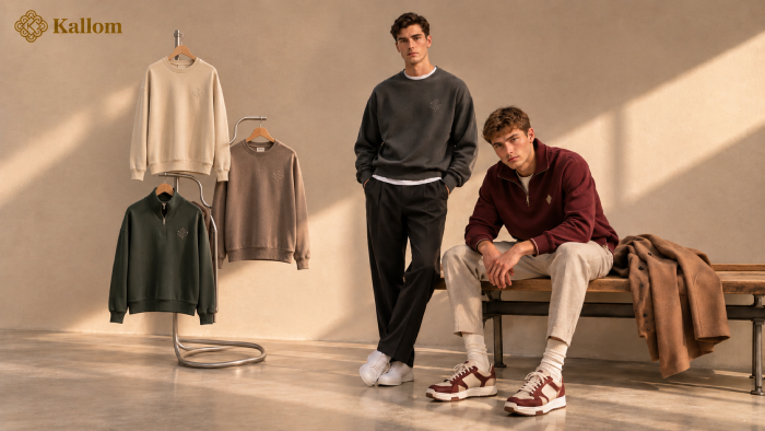 Two men styling mens designer sweatshirts for winter, in charcoal crew neck and burgundy quarter-zip, with more styles on a rail