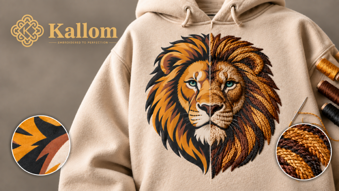 Cream hoodie with a lion design split in half: flat print on the left, raised embroidery on the right