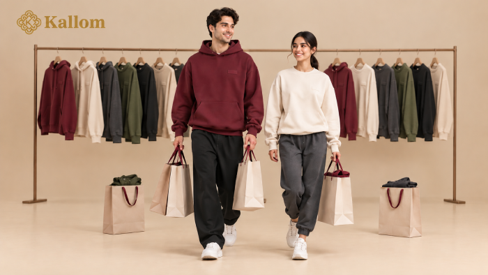 Kallom custom hoodies and sweatshirts shopping collection featuring a man in a burgundy hoodie and a woman in a cream sweatshirt, with clothing displayed on a rack.