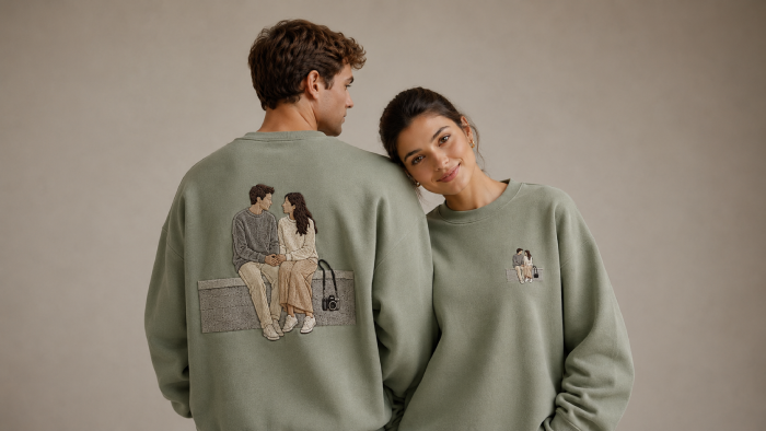Couple wearing matching sage green personalised sweatshirts featuring a large embroidered illustration of a couple on a bench on the back and a smaller matching design on the front.