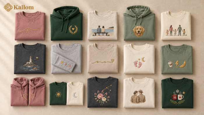 Flat lay of 15 personalised clothing gift ideas from Kallom, featuring custom sweatshirts and hoodies in pink, green, grey, and cream with embroidered hearts, floral designs, pets, initials-style motifs, and meaningful illustrations.