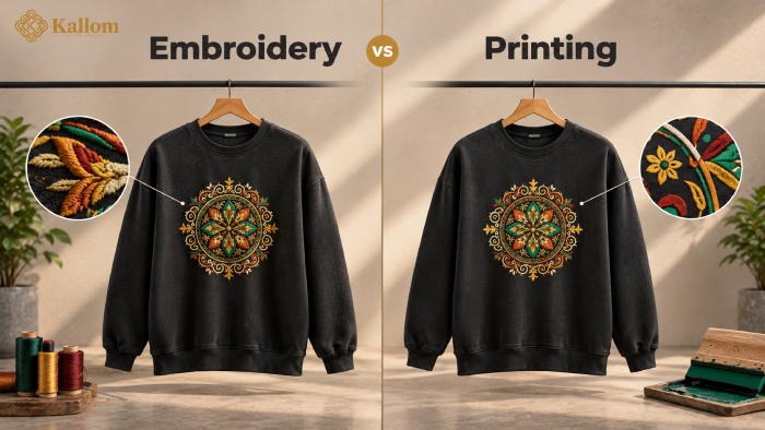 Embroidery vs printing on designer sweatshirts: two black crew neck sweatshirts with a mandala design and close-up detail