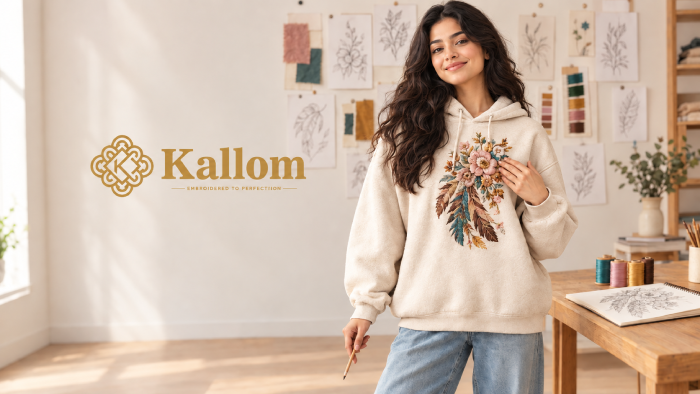 Woman in a cream hoodie with a floral feather design on the chest, standing in a design studio
