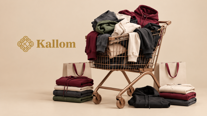 Best Black Friday deals on custom hoodies by Kallom, featuring a shopping cart filled with hoodies and sweatshirts in assorted colours.