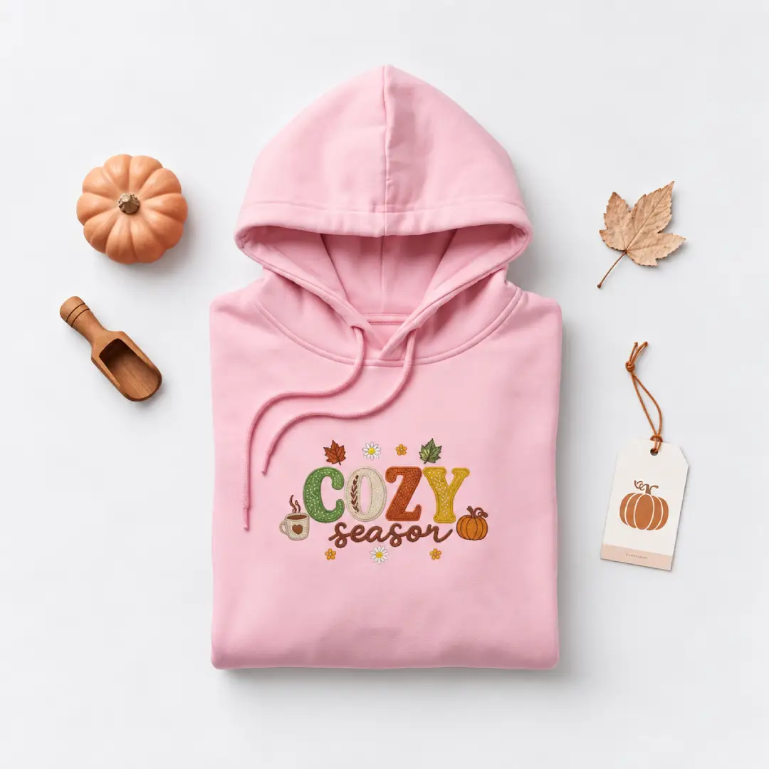 Folded pink custom embroidered hoodie with “COZY season” design, styled with a mini pumpkin, dried maple leaf and a pumpkin gift tag