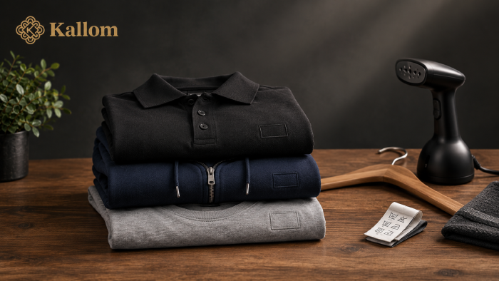 Person folding a clean embroidered workwear polo shirt next to a washing machine, with care labels and a branded hoodie ready to be washed