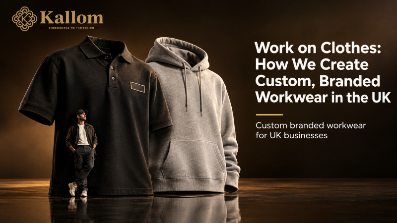Team of workers in custom branded workwear, including embroidered polo shirts and printed hi-vis jackets, standing in a UK workshop