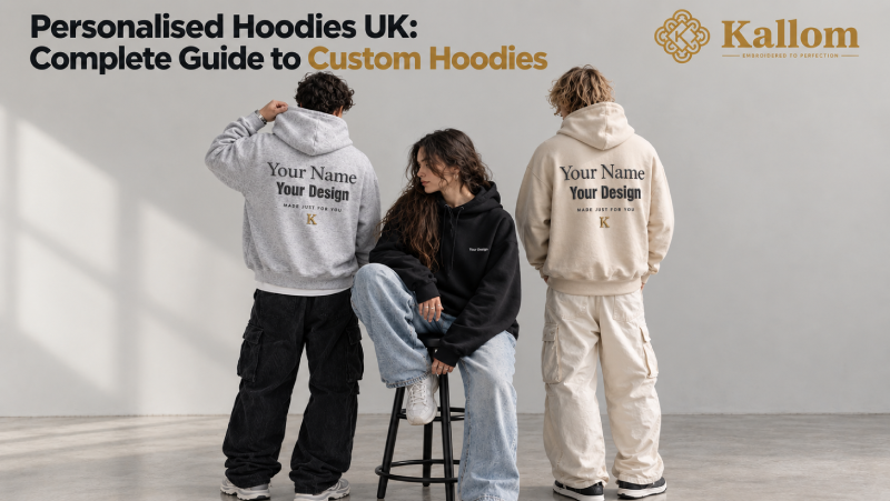 Three people in grey, black and cream personalised hoodies with custom back designs, Kallom