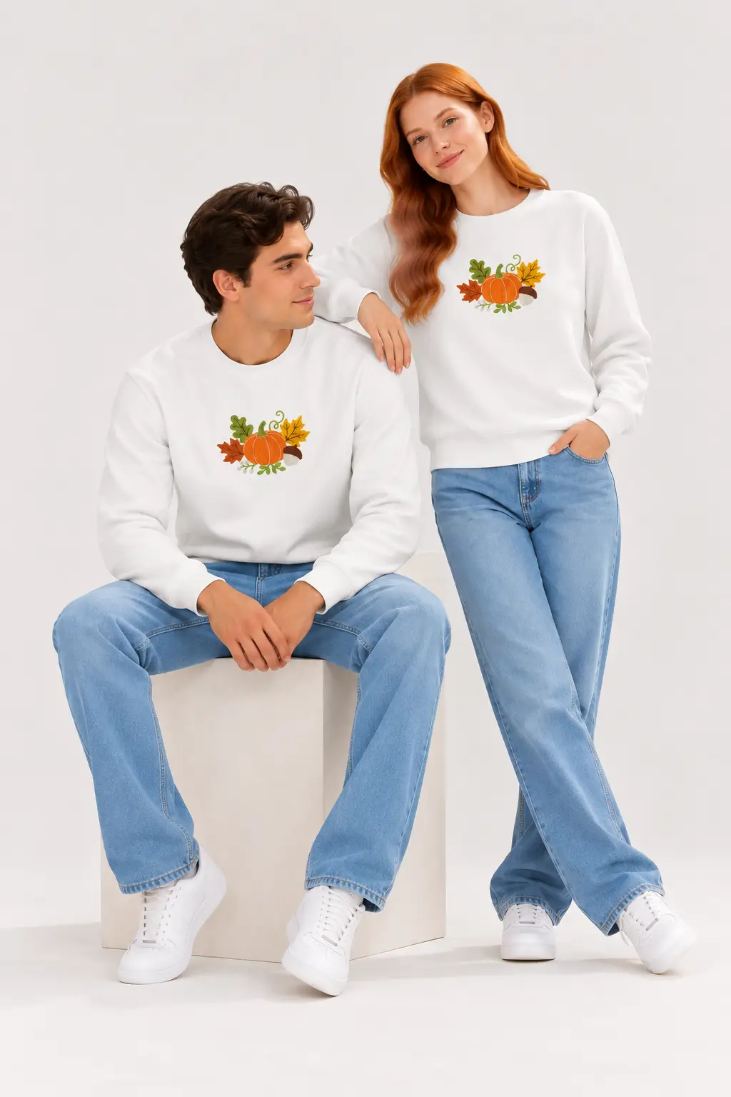 Man and woman posing together in matching white embroidered sweatshirts with an autumn pumpkin and leaves design, styled with light blue jeans and white sneakers